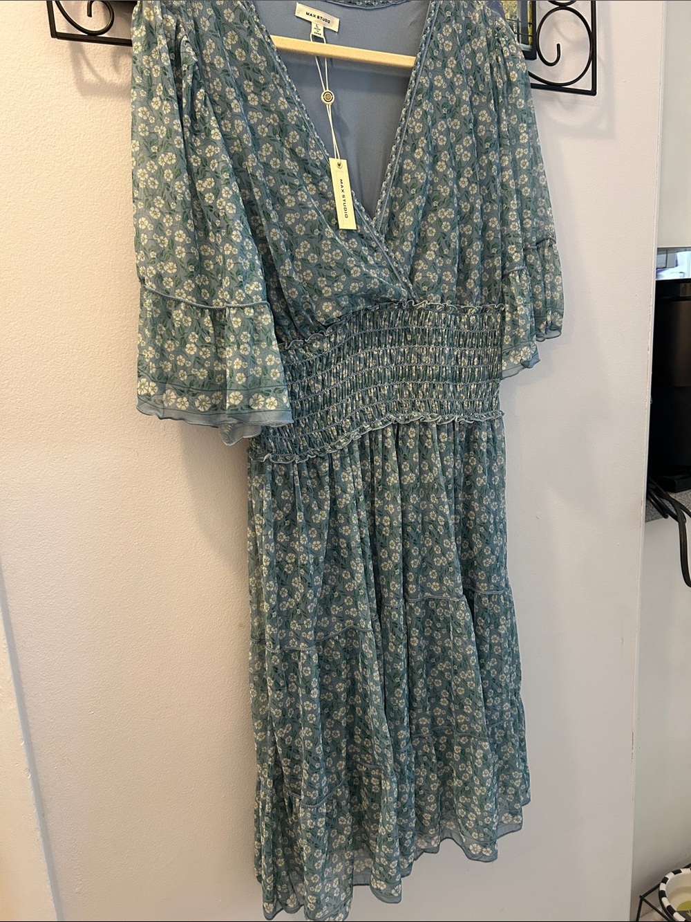 Max Studio Teal Floral Smocked Midi Dress